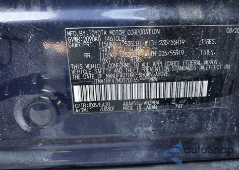 2021 Toyota Rav4 Xle Premium z USA, uszkodzony, nr VIN JTMA1RFV7MD070165